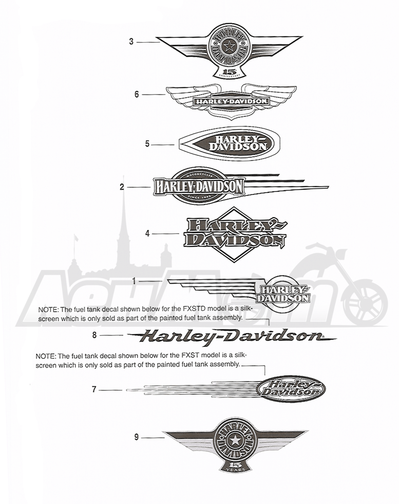 Запчасти для Мотоцикла Harley-Davidson 2005 FXSTB SOFTAIL® (BT) (CARBURATED) Раздел: FUEL TANK DECALS AND NAME PLATES | топливный бак наклейки и фирменные таблички