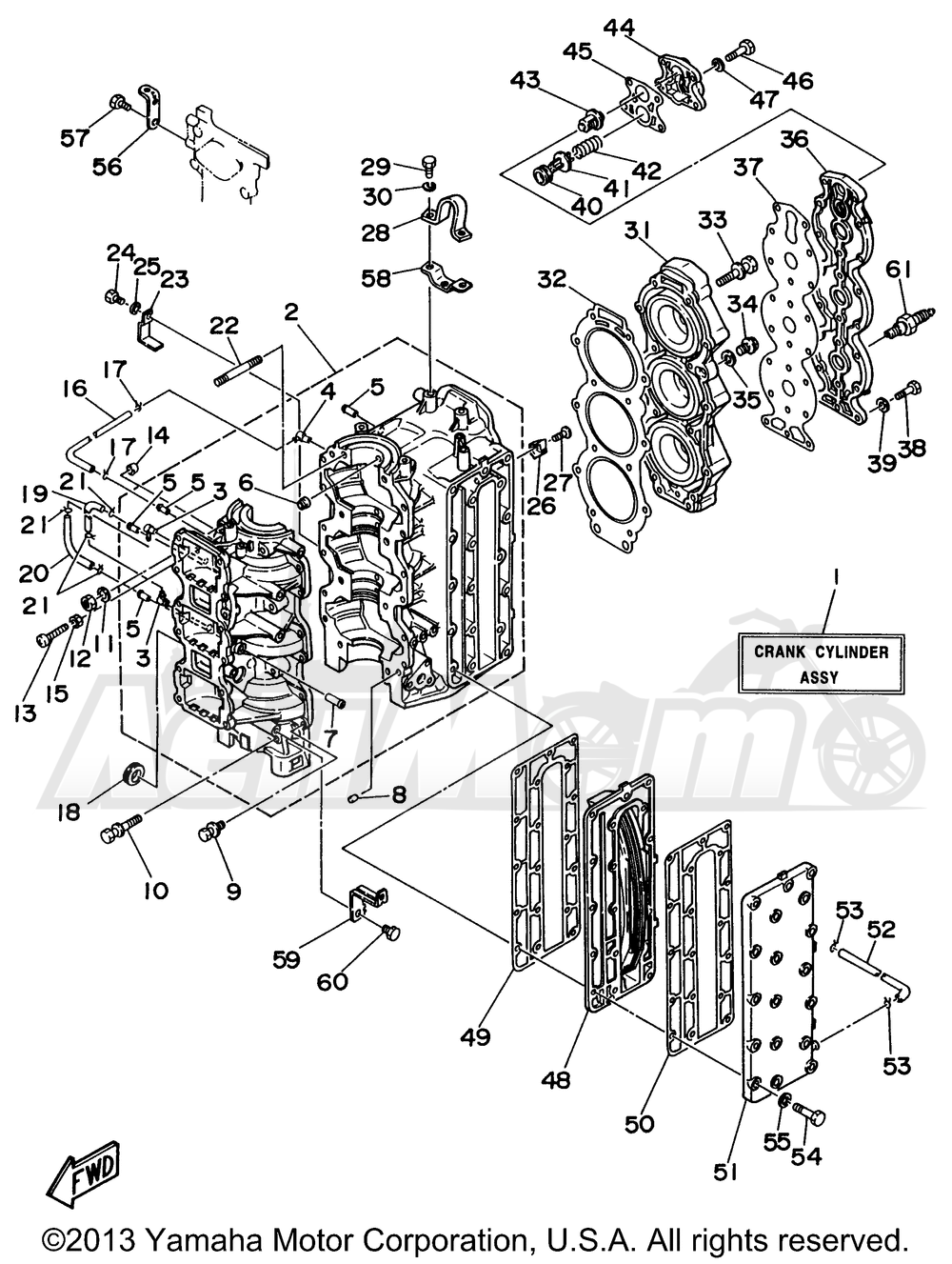 Запчасти для Лодочного мотора Yamaha 1999 P75TLHX Раздел: CYLINDER CRANKCASE | цилиндр картер