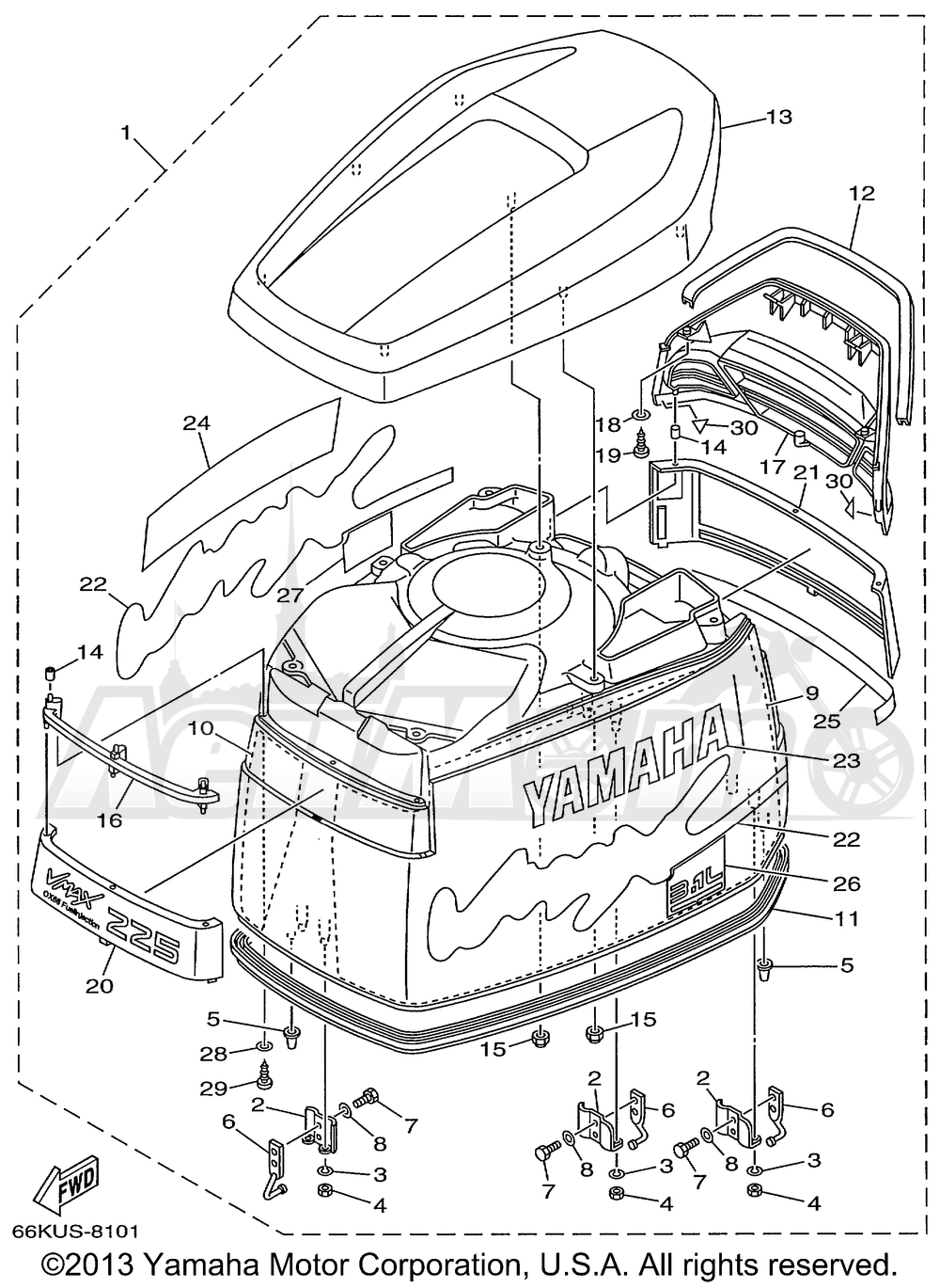 Запчасти для Лодочного мотора Yamaha 1999 V200TLRX/V225TLRX Раздел: TOP COWLING | верх обтекатель