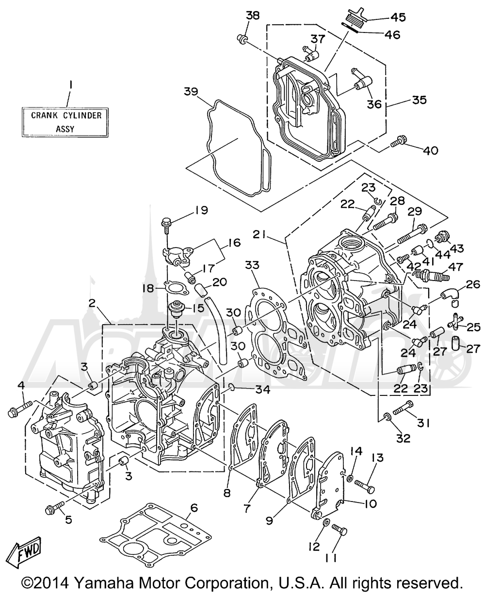 Запчасти для Лодочного мотора Yamaha 1998 F9.9MSHW/F9.9ELRW/F9.9MLHW Раздел: CYLINDER CRANKCASE | цилиндр картер