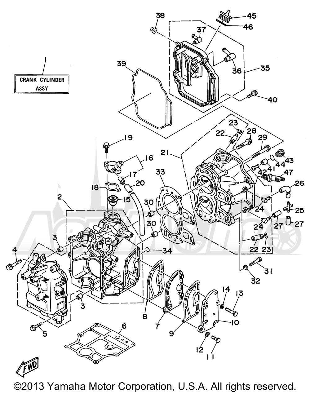 Запчасти для Лодочного мотора Yamaha 1998 T9.9EXRW/T9.9MXHW/T9.9EXHW/T9.9ELRW/T9.9MLHW/T9.9ELHW Раздел: CYLINDER CRANKCASE | цилиндр картер
