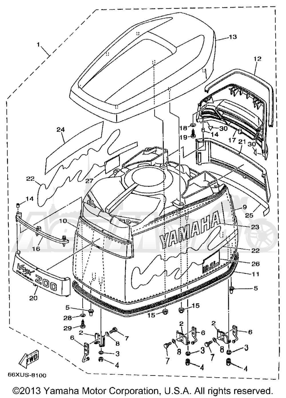 Запчасти для Лодочного мотора Yamaha 1998 V200TLRW Раздел: TOP COWLING | верх обтекатель