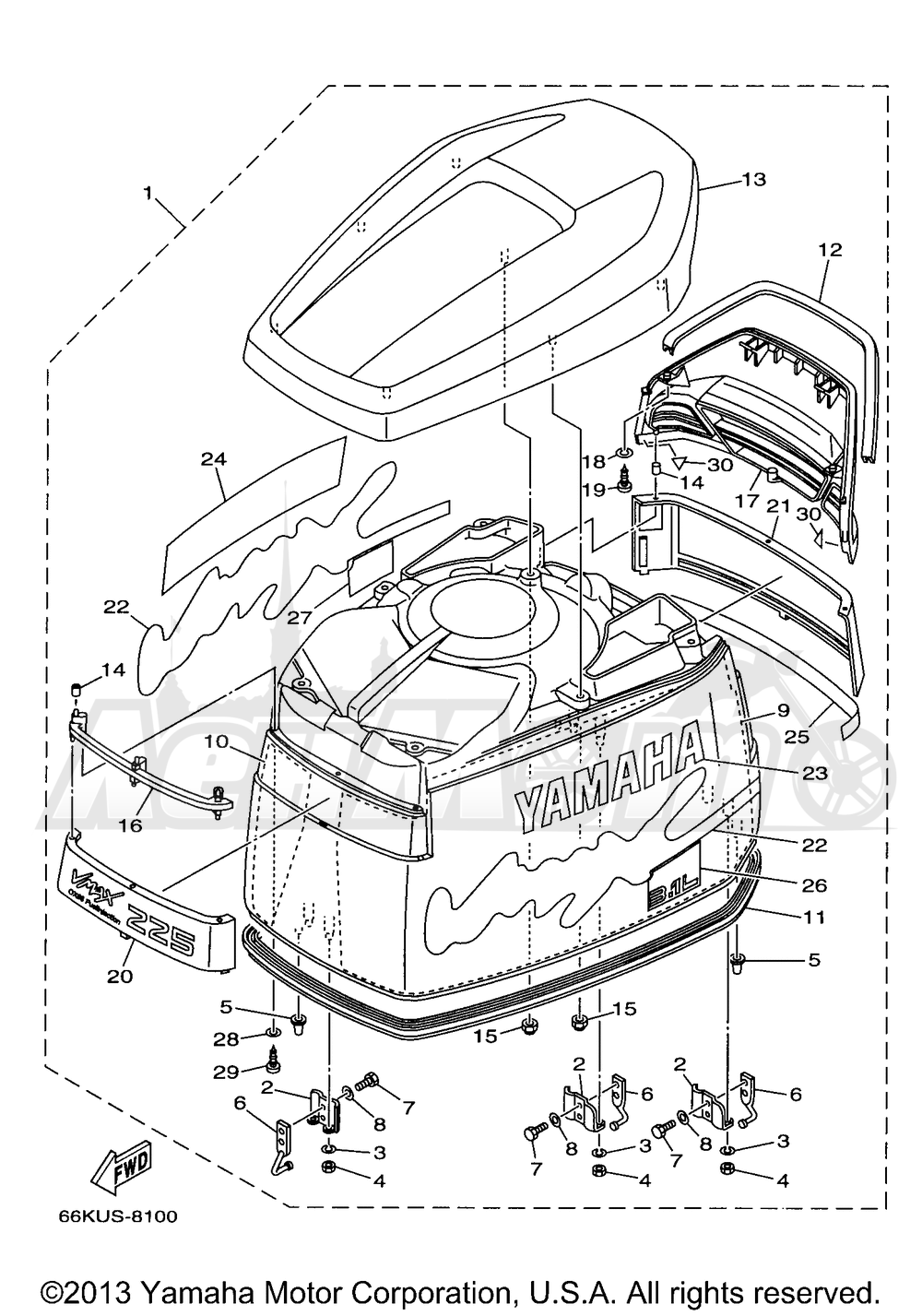 Запчасти для Лодочного мотора Yamaha 1998 V225TLRW Раздел: TOP COWLING | верх обтекатель